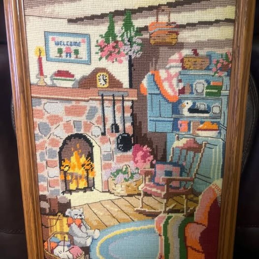 Dimensions "Winter Warmth" Needlepoint #2241 -- Finished & Framed Fireplace Scen